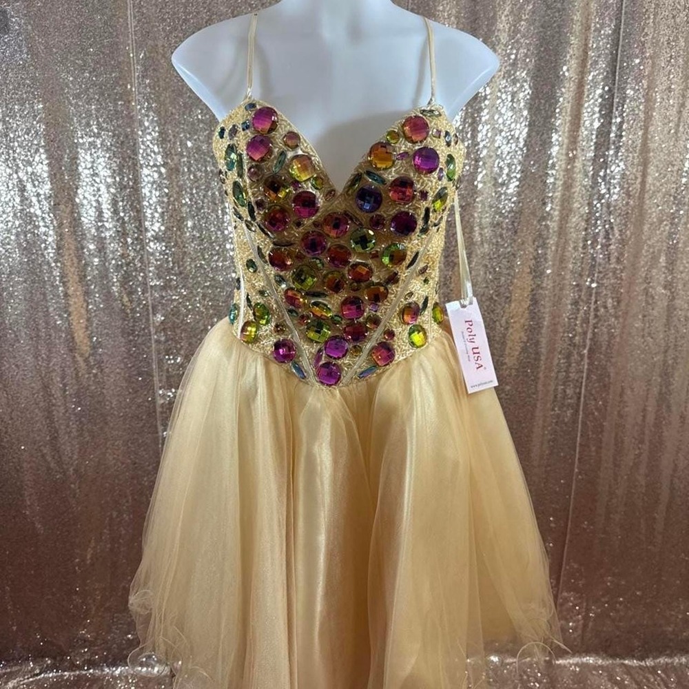 Poly USA Gold Beaded Corset Tulle Dress Multi-Color Jewels Scarf/Size M